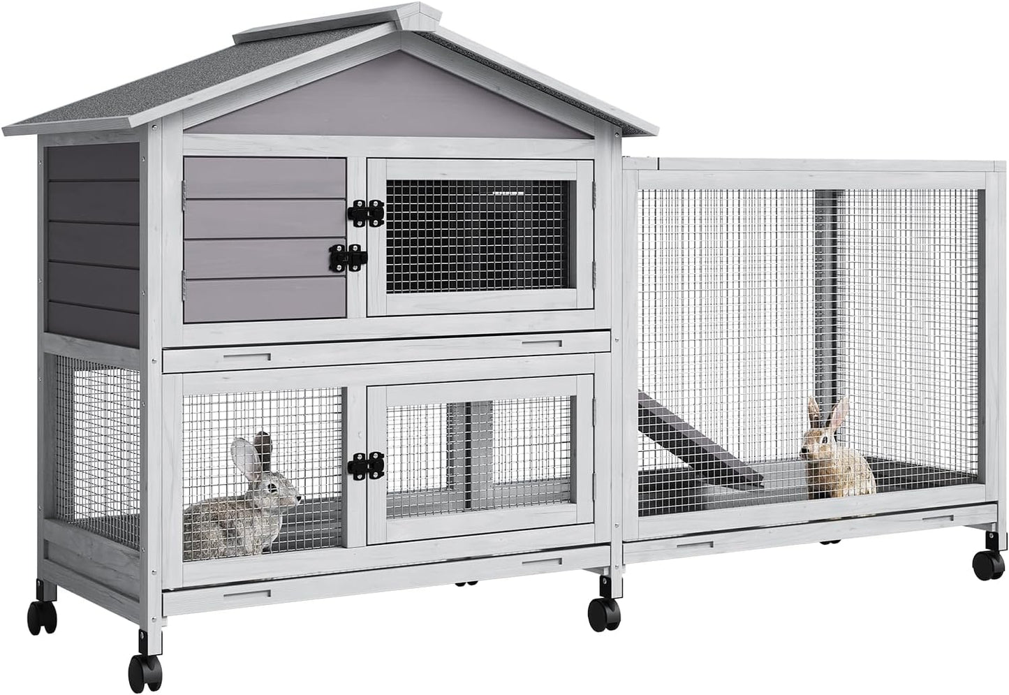 GarveeLife Rabbit Hutch with Weatherproof Asphalt Roof, Bunny Hutch with Wheels & Pull-Out Tray, Rabbit Cage Guinea Pig Cages for Small to Medium Animals, Indoor Outdoor Use, Grey - Image 1
