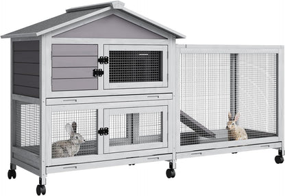 GarveeLife Rabbit Hutch with Weatherproof Asphalt Roof, Bunny Hutch with Wheels & Pull-Out Tray, Rabbit Cage Guinea Pig Cages for Small to Medium Animals, Indoor Outdoor Use, Grey - Image 1