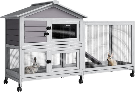 GarveeLife Rabbit Hutch with Weatherproof Asphalt Roof, Bunny Hutch with Wheels & Pull-Out Tray, Rabbit Cage Guinea Pig Cages for Small to Medium Animals, Indoor Outdoor Use, Grey - Image 1