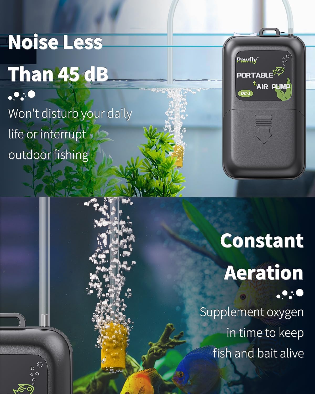 Compact size comparison of Pawfly fish tank oxygen pump