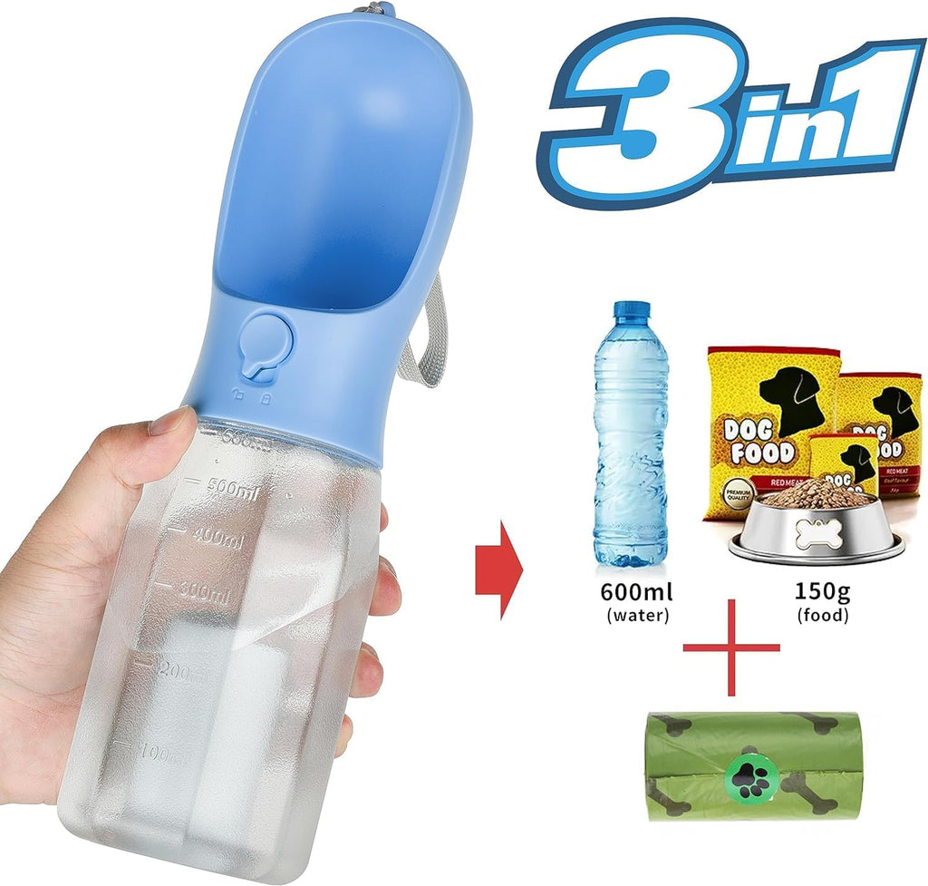 Side angle of the blue Avelora pet water dispenser with its carrying strap attached.