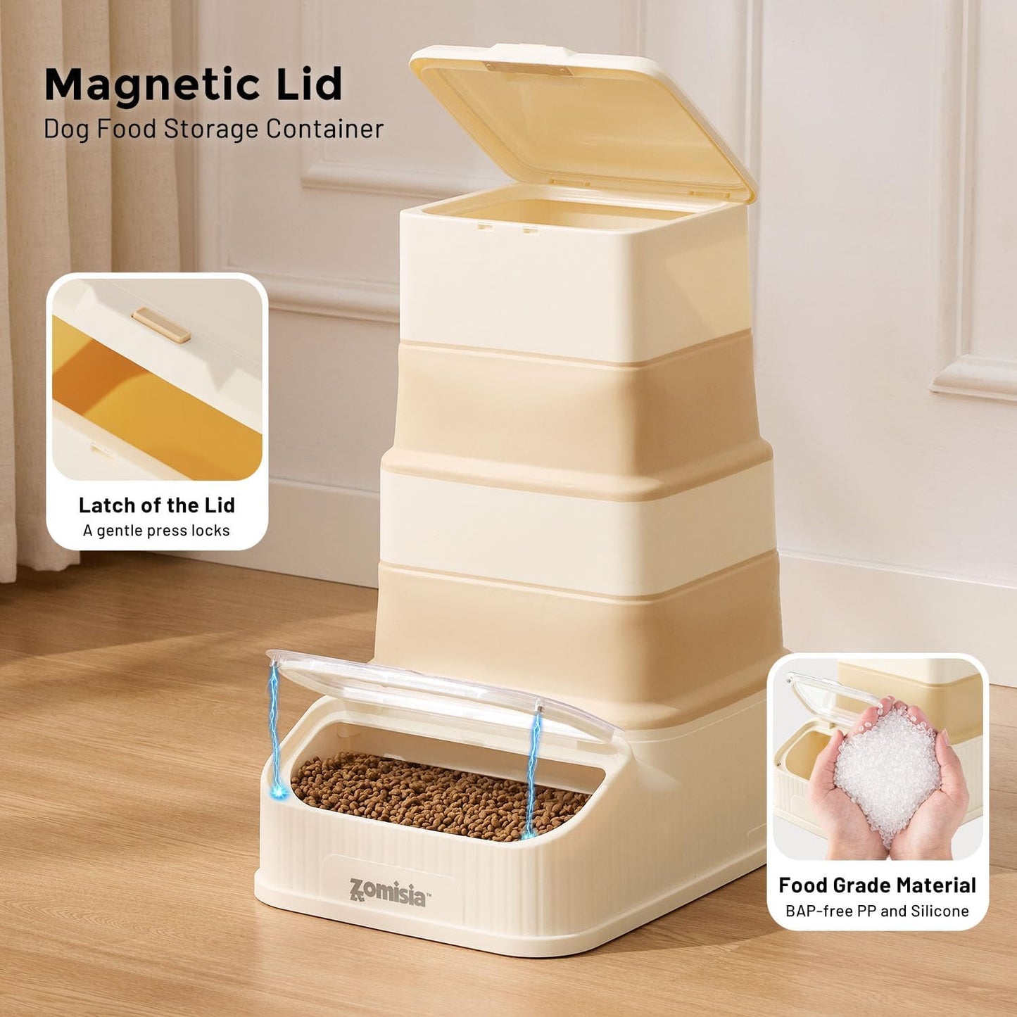 Transparent magnetic bottom lid for easy pet food access