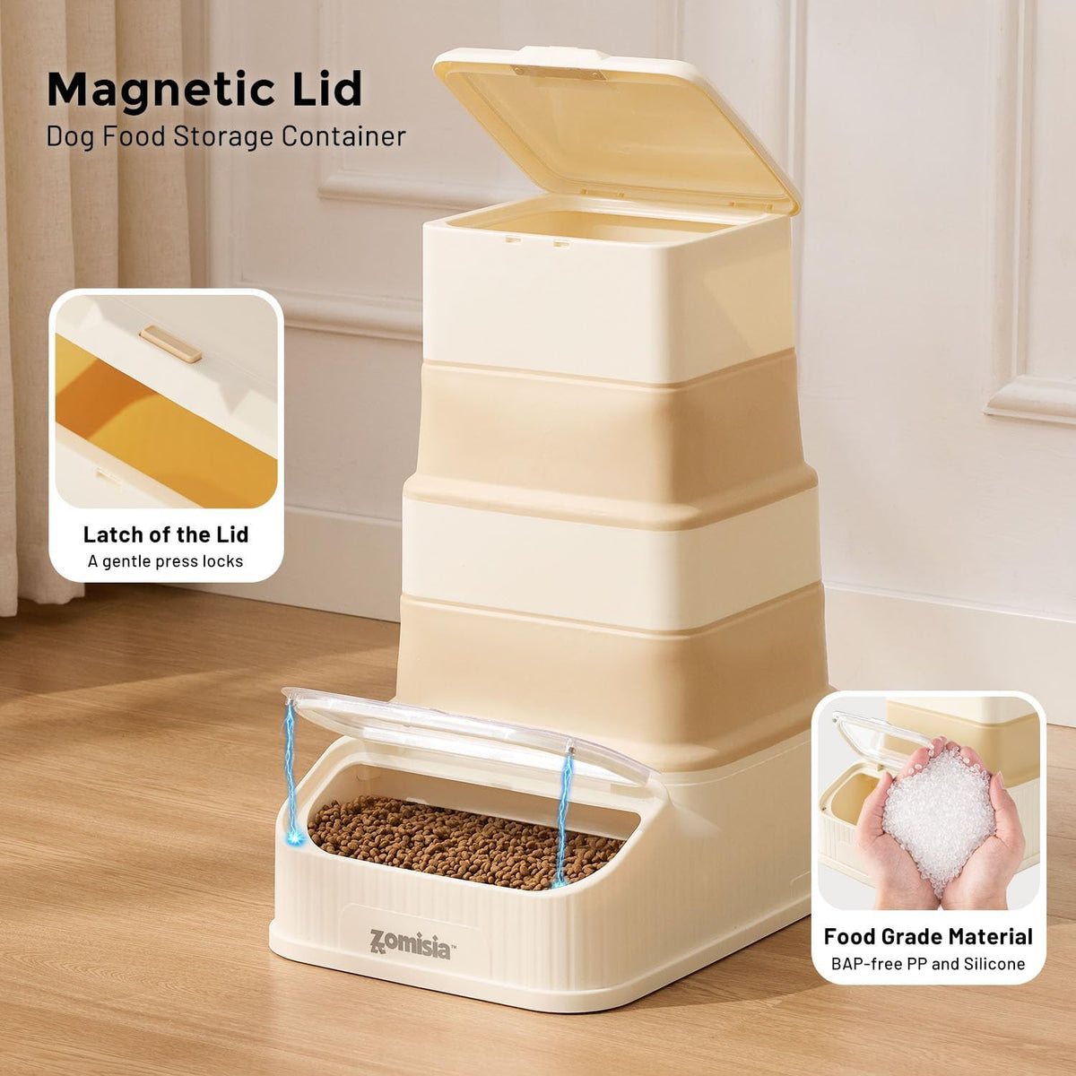Transparent magnetic bottom lid for easy pet food access