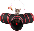 Love's Cabin Cat Tunnel for Indoor Cats, 3-Way Collapsible Play Tunnel with Teaser Wand, Peek Holes & Toy Ball, Small Pet Toy for Kittens & Rabbits, Black & Blue, Small Size - Image 15