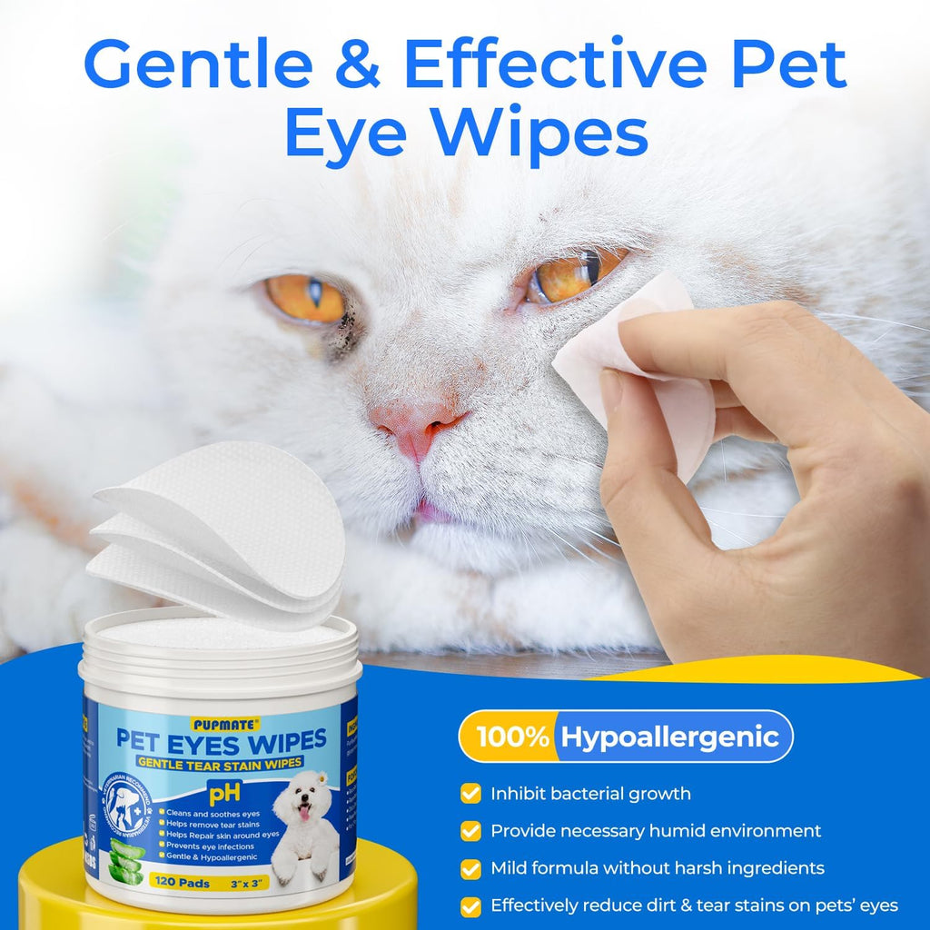 Pupmate tear stain remover wipes packaging showcasing gentle formula benefits