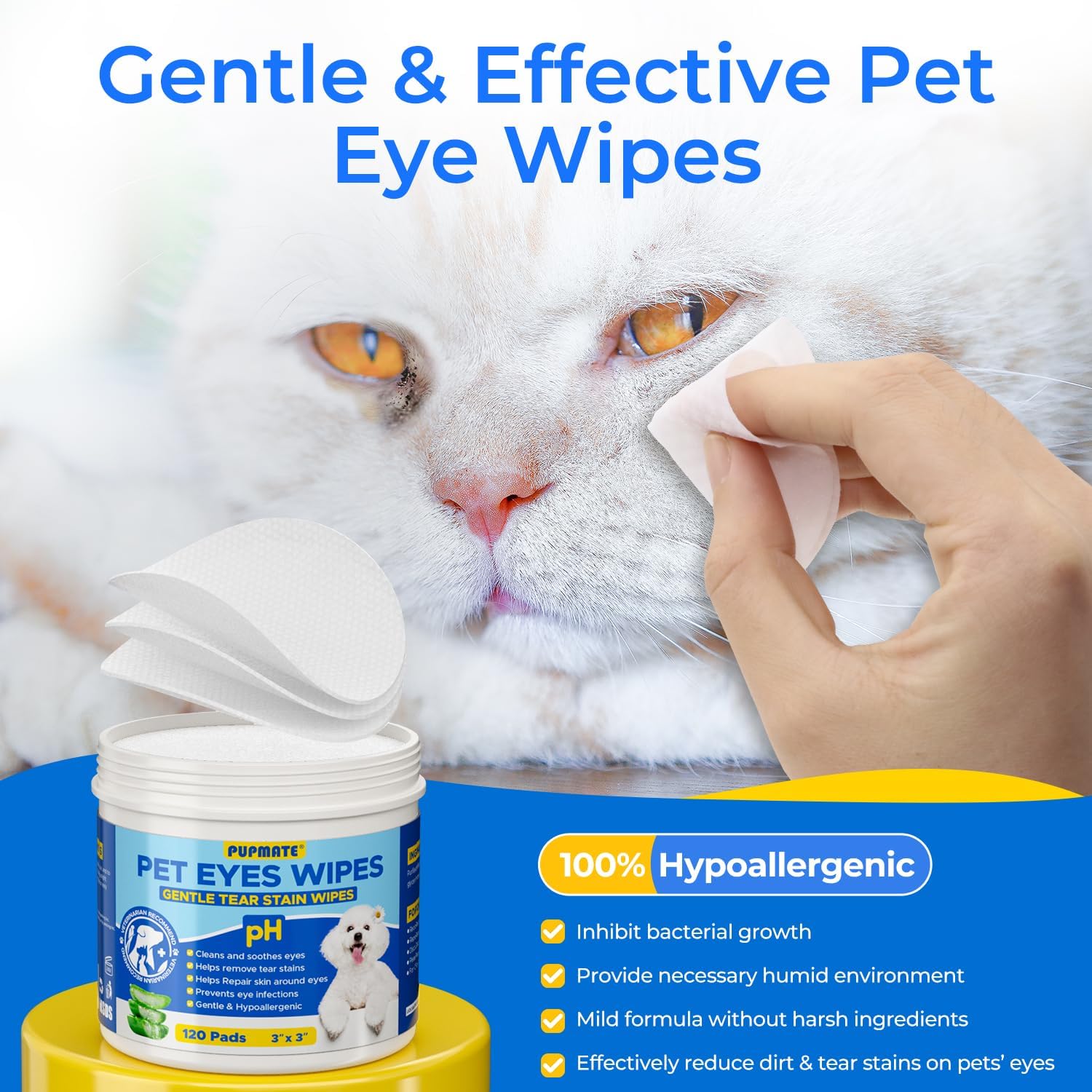 Pupmate tear stain remover wipes packaging showcasing gentle formula benefits