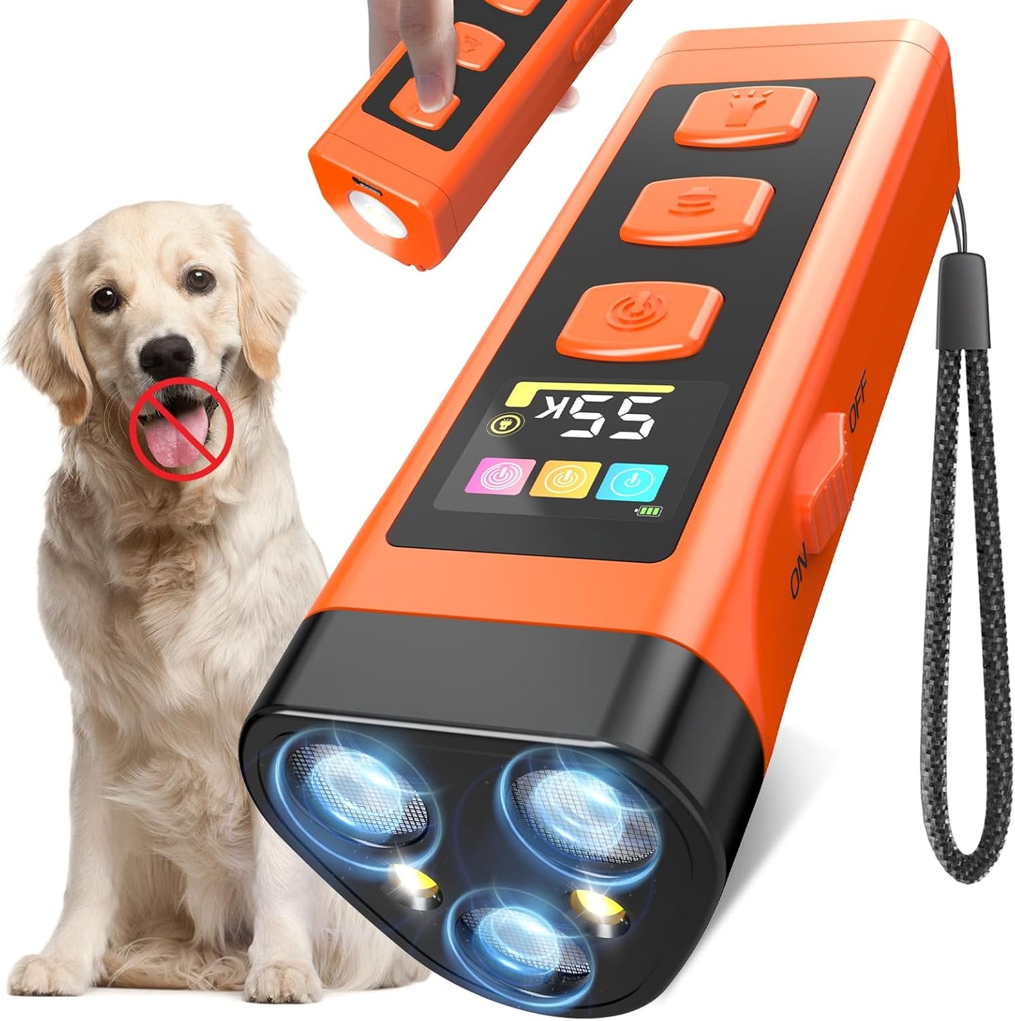 Xifrus ultrasonic dog bark deterrent device front view with color display