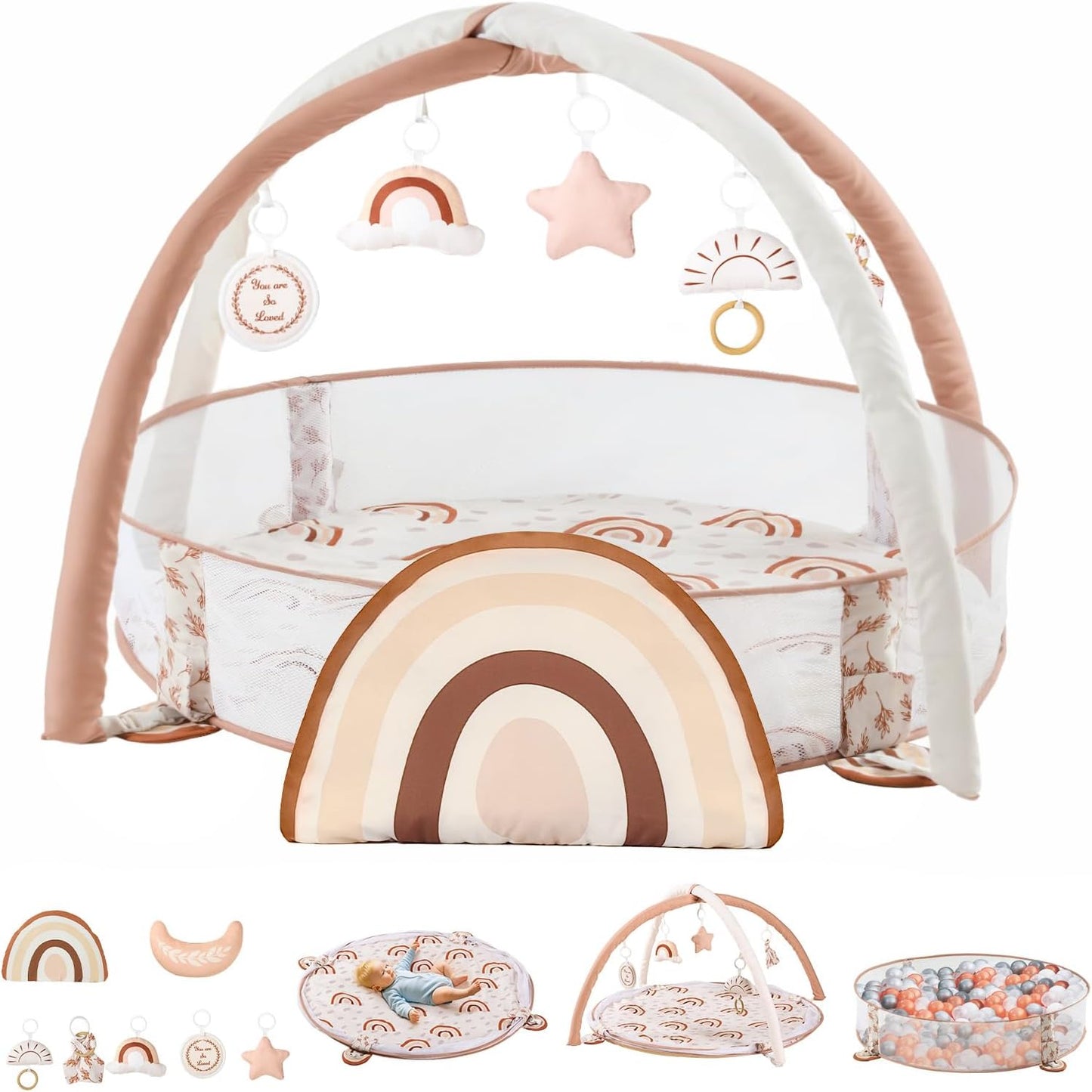 Mallify 6-in-1 XL Large Baby Gym and Ball Pit front view showcasing the neutral rainbow theme and hanging toys.