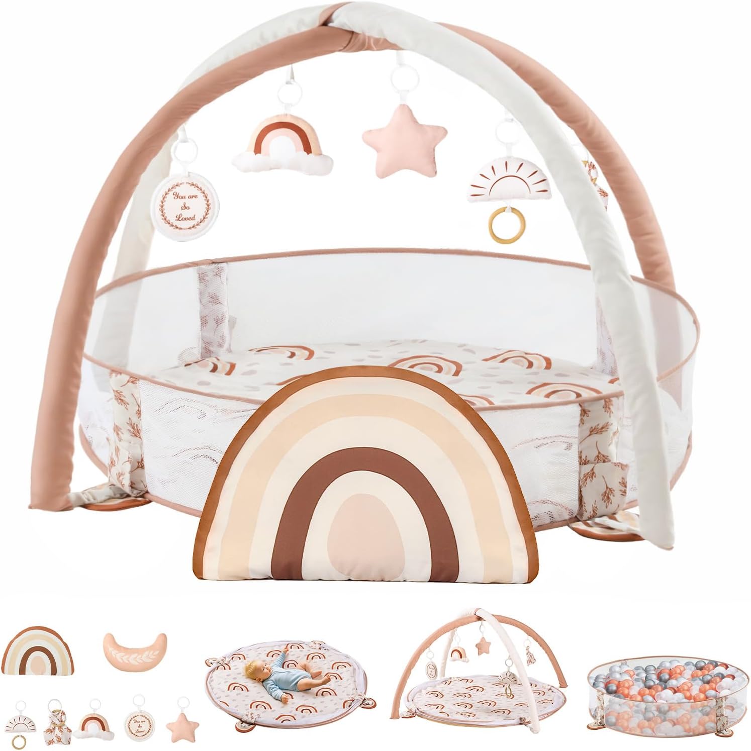Mallify 6-in-1 XL Large Baby Gym and Ball Pit front view showcasing the neutral rainbow theme and hanging toys.
