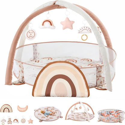 Mallify 6-in-1 XL Large Baby Gym and Ball Pit front view showcasing the neutral rainbow theme and hanging toys.