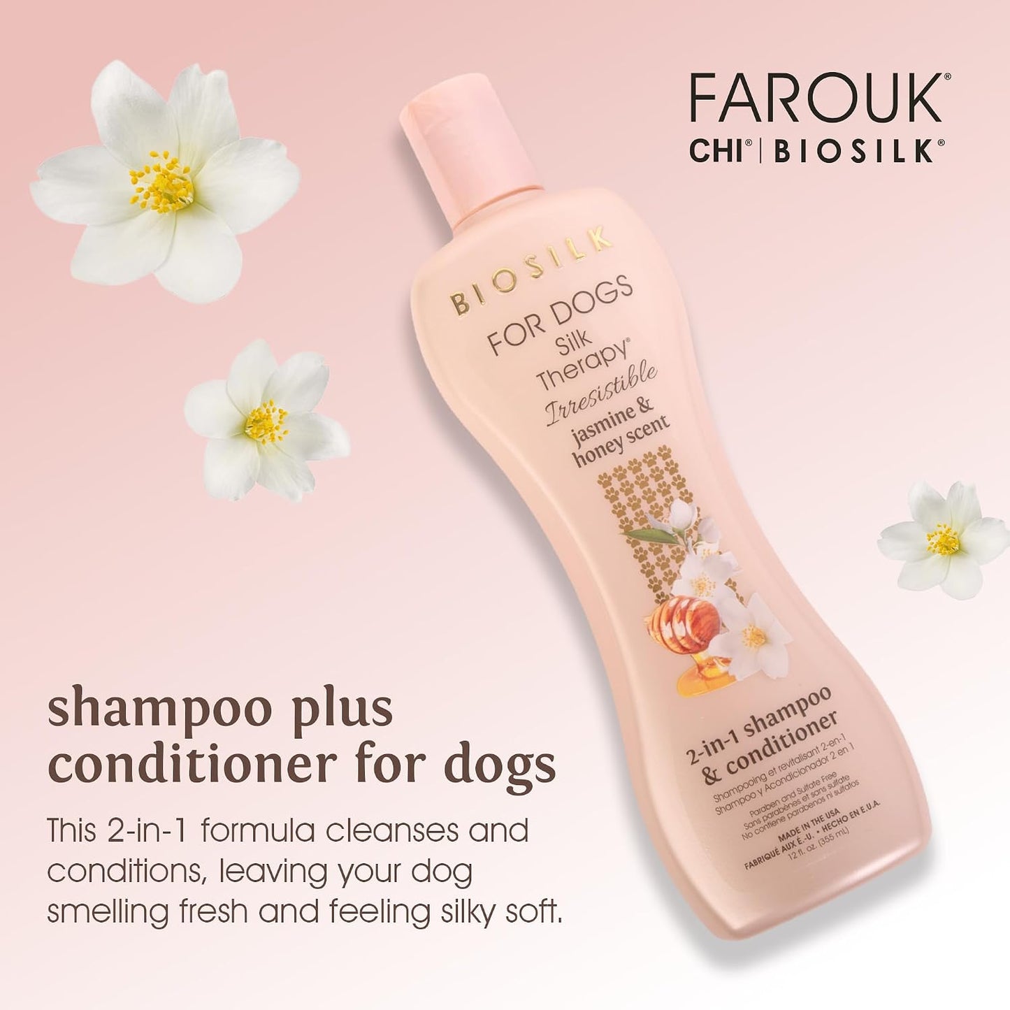 BioSilk dog silk therapy jasmine and honey scent bottle back label instructions