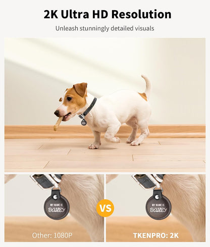 TKENPRO 2K HD indoor pet camera showcasing smartphone app interface tracking