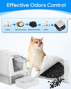 Activated charcoal odor absorber pouches compatible with self cleaning litter box compartments