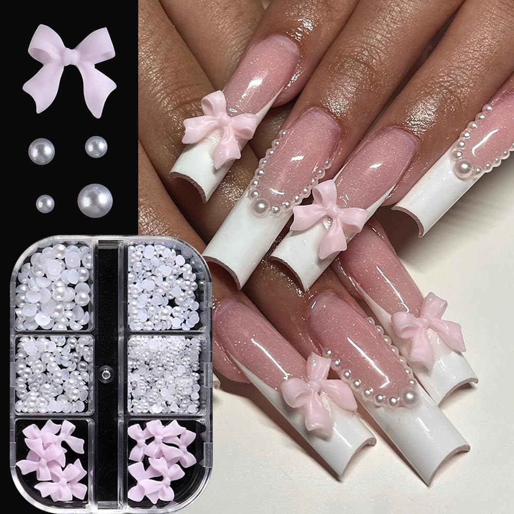 BSBTBZ 3D bow and pearl nail charms set front view