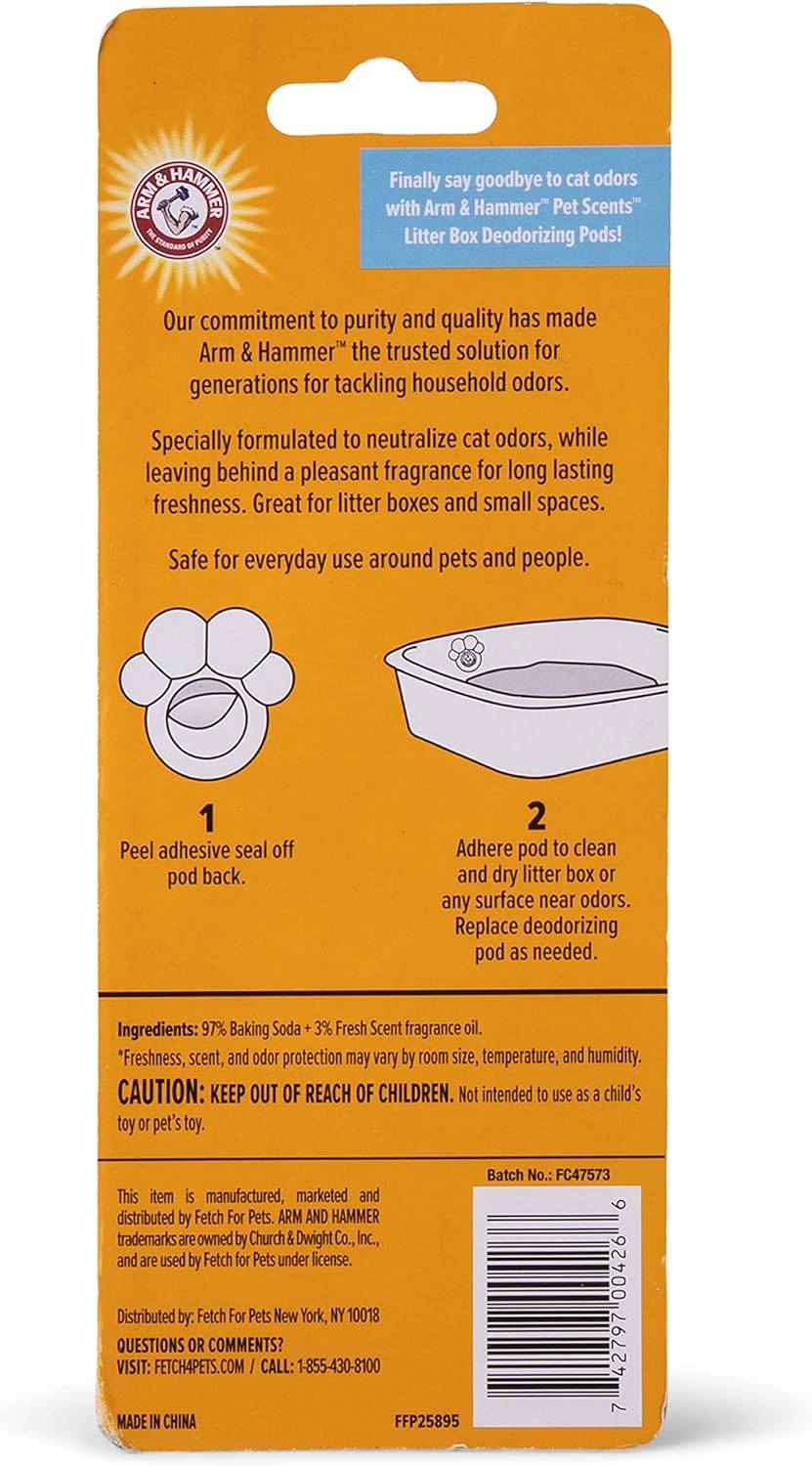 Underneath view of the adhesive backing on the Arm and Hammer cat litter deodorizer capsule.