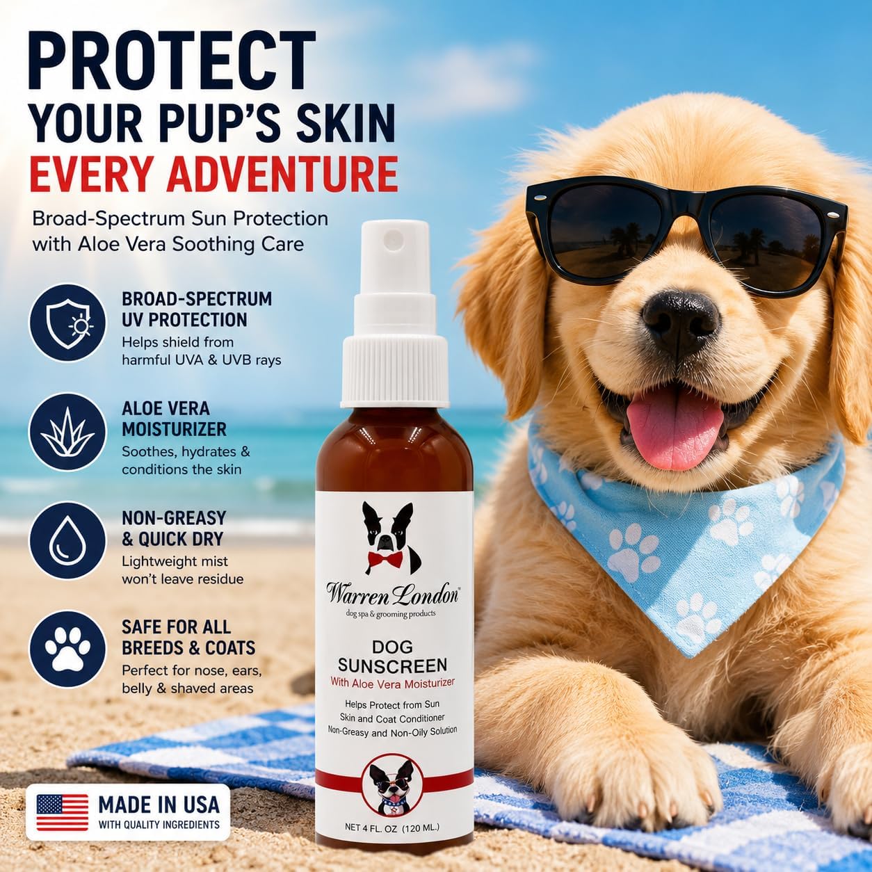 Warren London puppy sun protection mist packaging back details