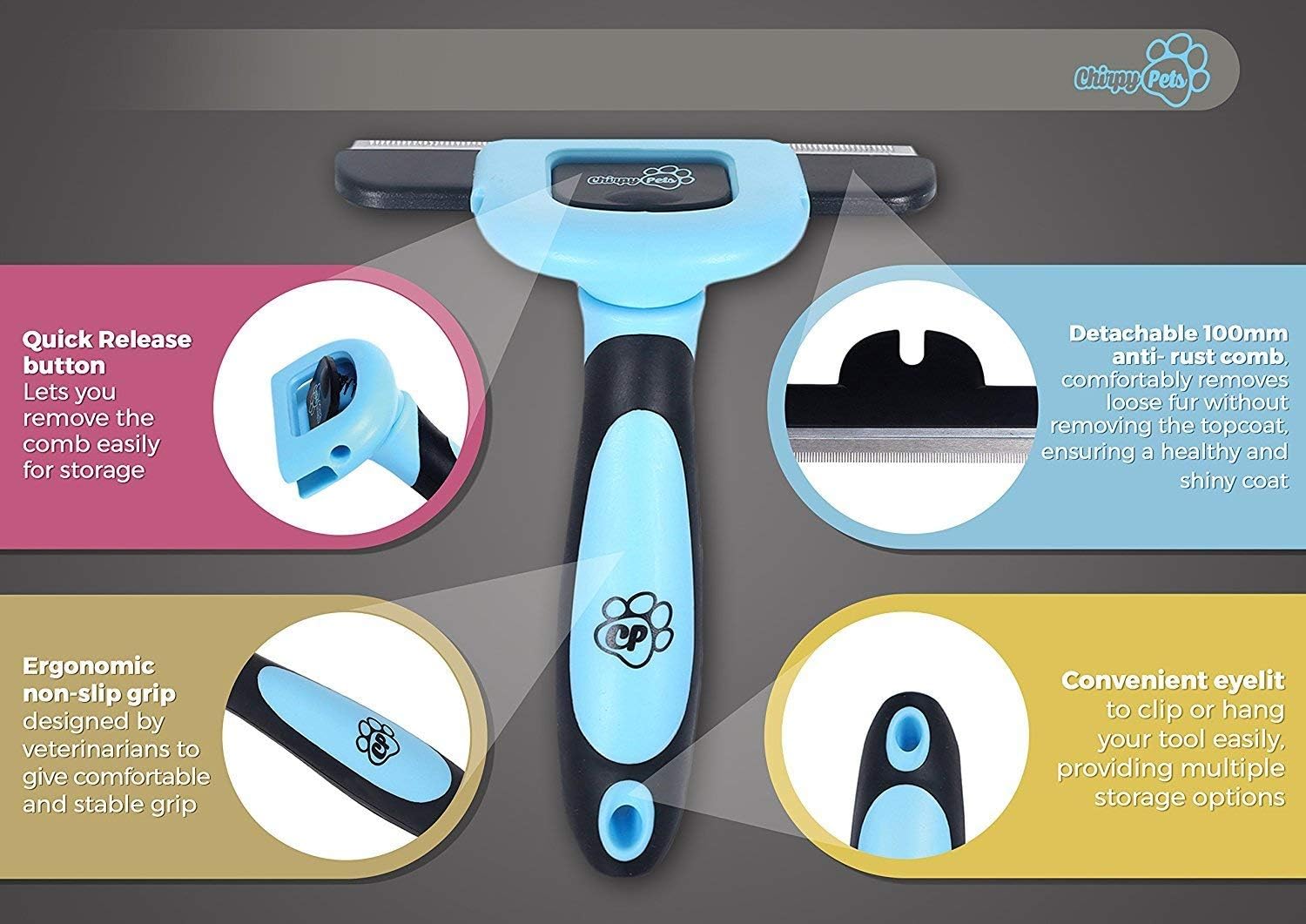 Ergonomic black handle of Chirpy Pets pet brush