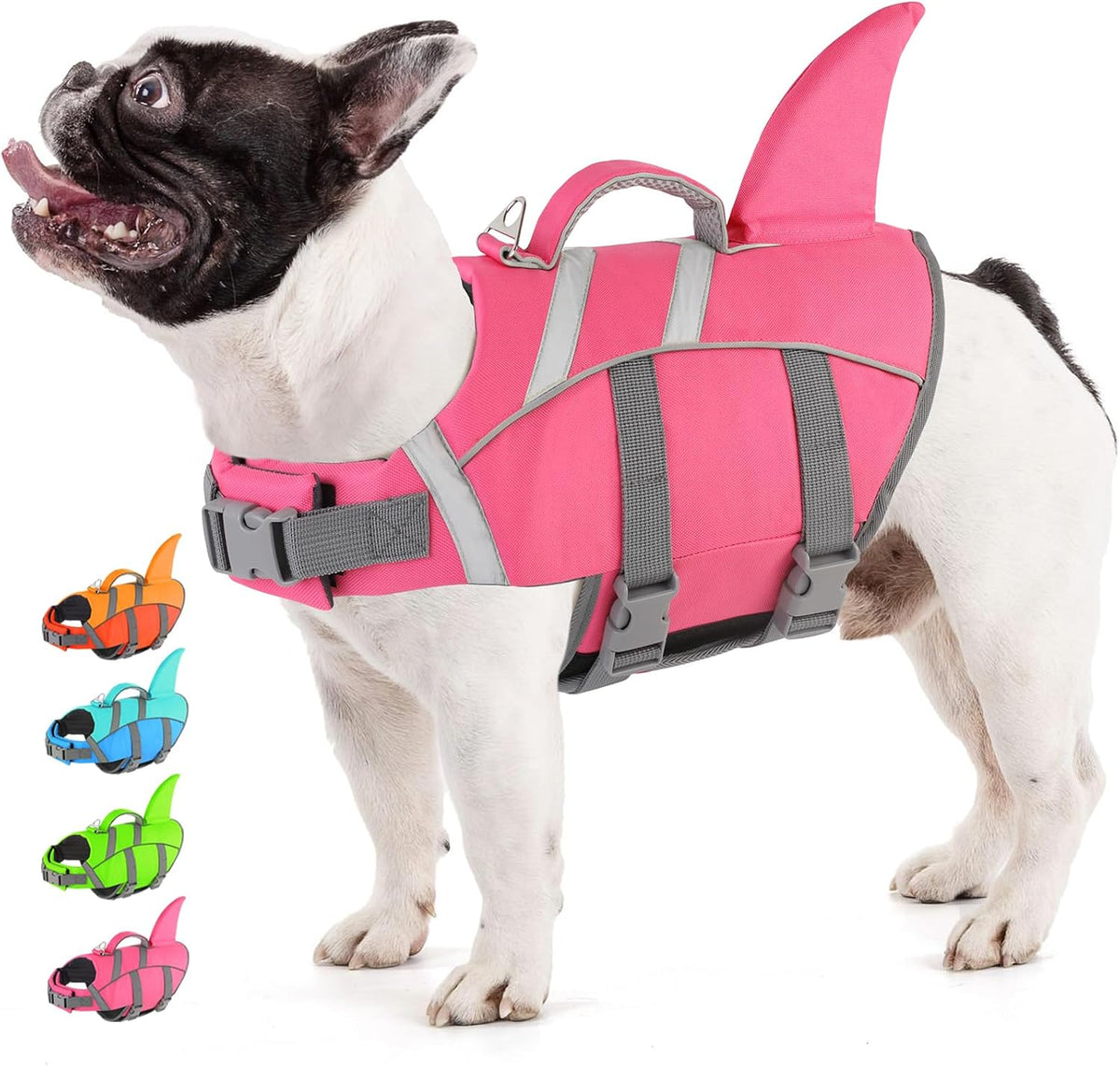 Doglay Dog Shark Life Jacket front view on a golden retriever puppy swimming