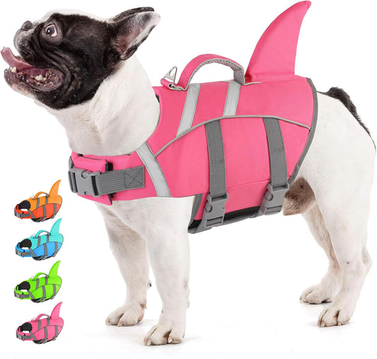 Doglay Dog Shark Life Jacket front view on a golden retriever puppy swimming