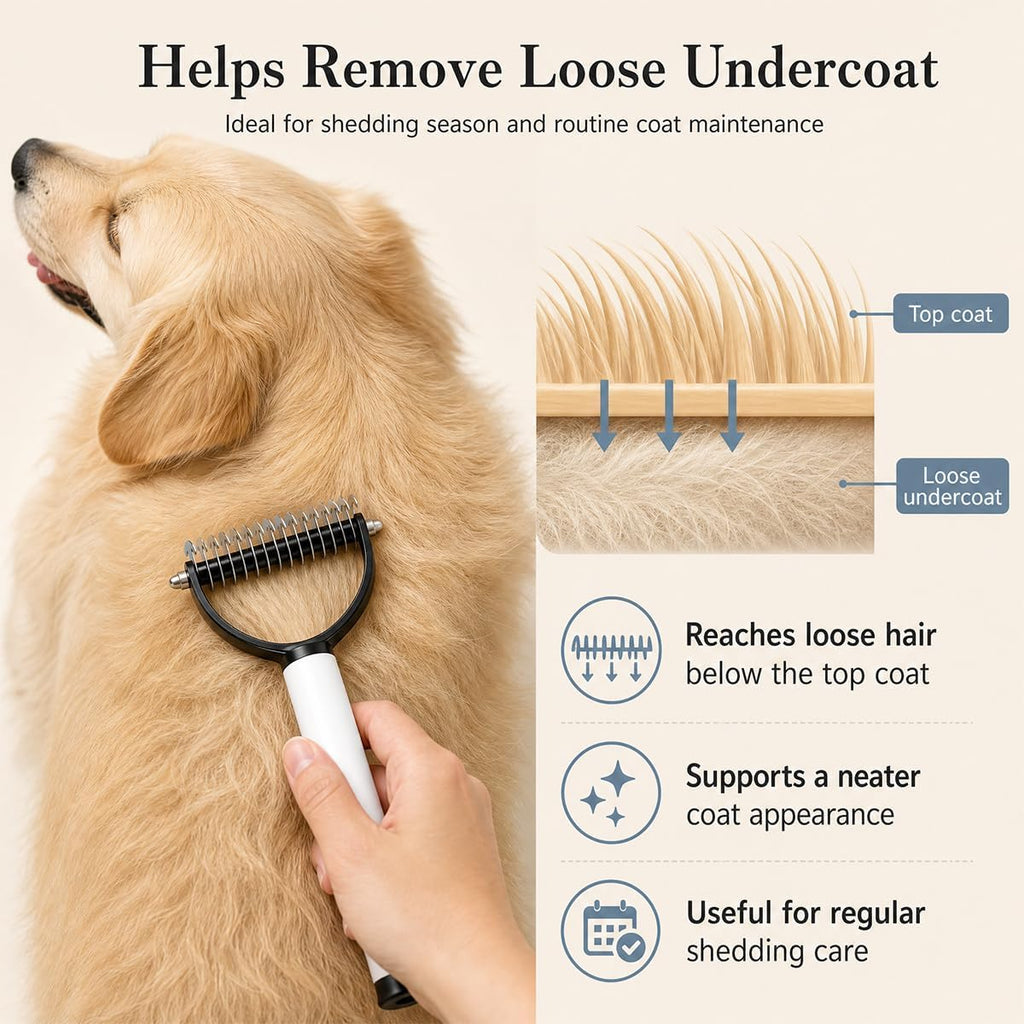 Txibi professional deshedding brush being used on a long hair dog coat