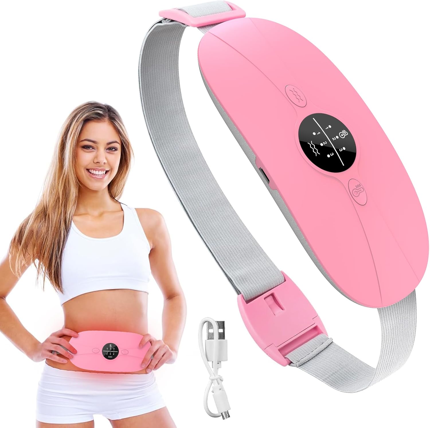 HZD portable menstrual heating pad in pink showing front view controls