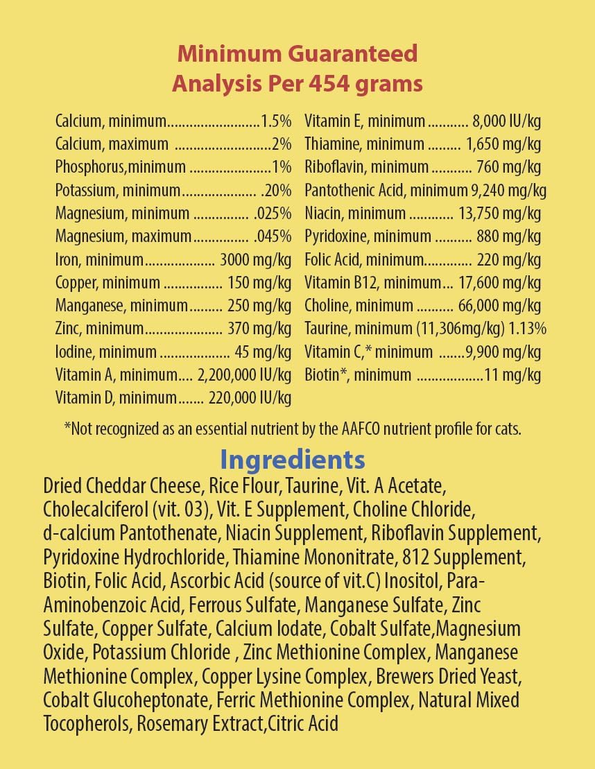 Kitty Bloom feline vitamin mineral powder with taurine nutritional facts label view