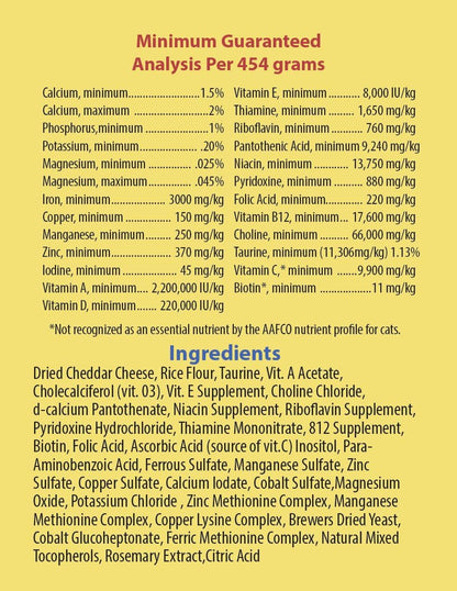 Kitty Bloom feline vitamin mineral powder with taurine nutritional facts label view
