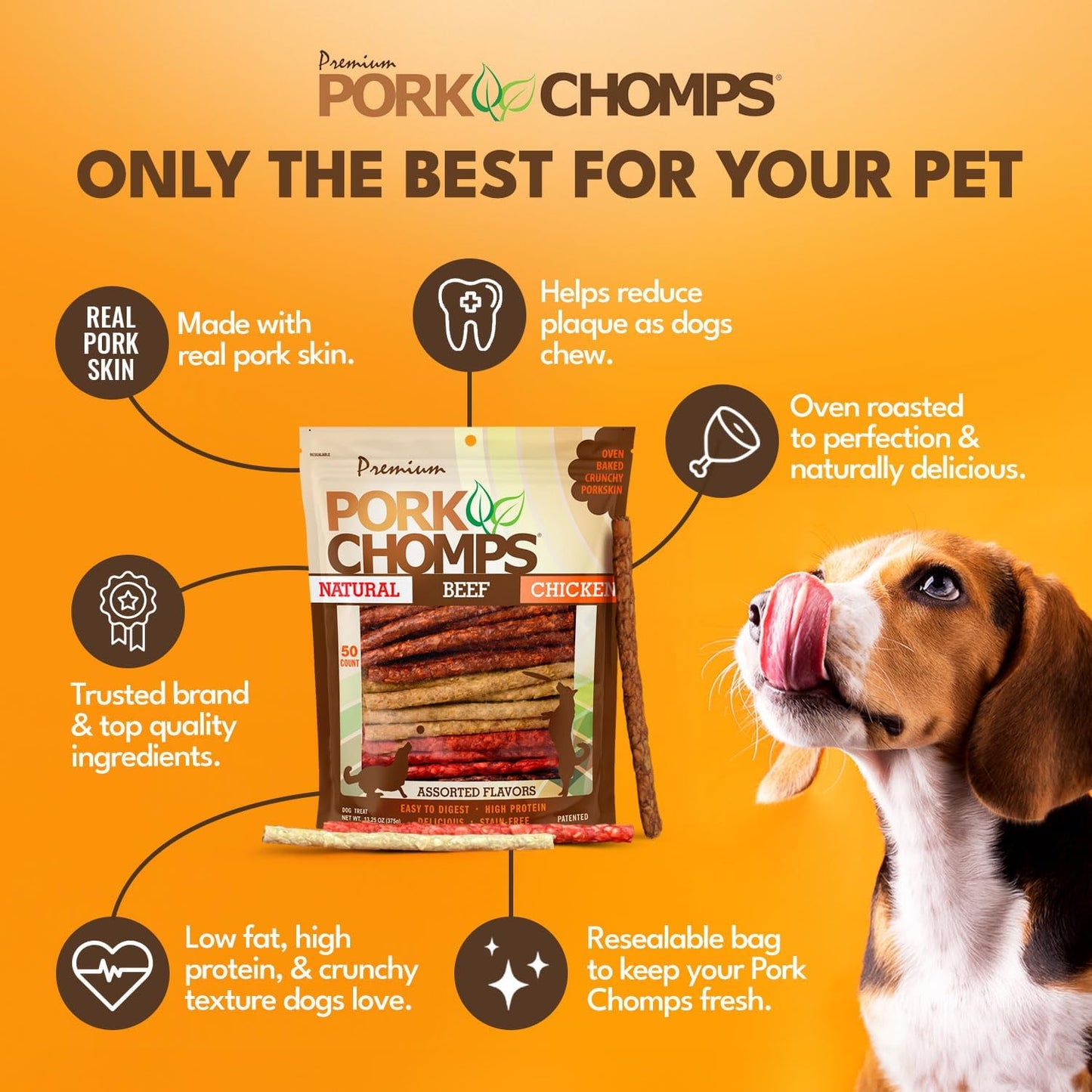 Five inch pork skin and beef hide digestible munchy sticks for dogs