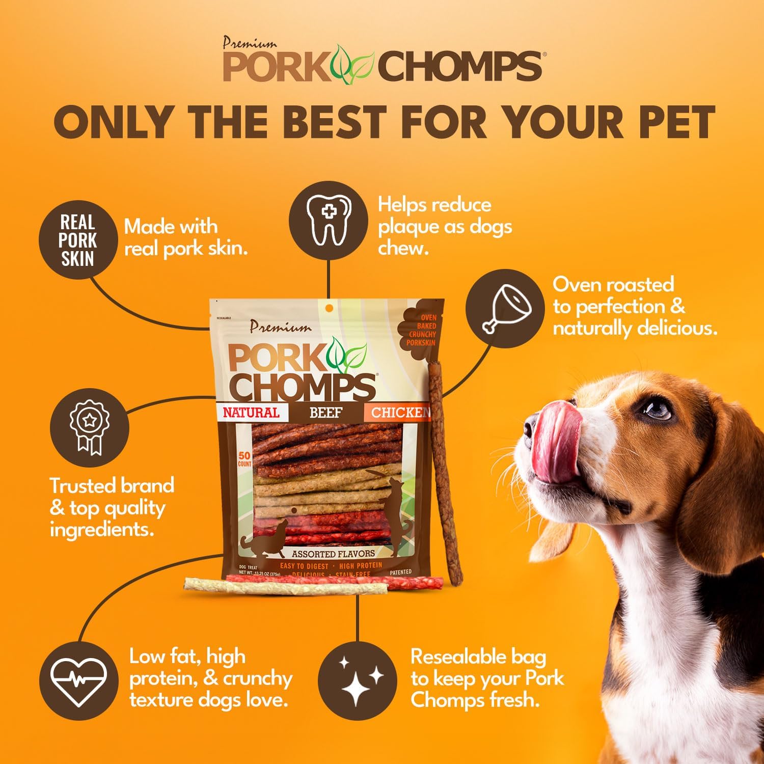 Five inch pork skin and beef hide digestible munchy sticks for dogs