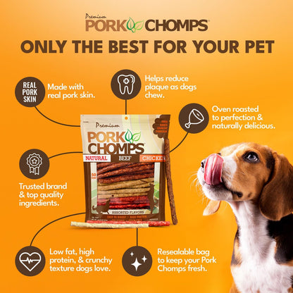 Five inch pork skin and beef hide digestible munchy sticks for dogs
