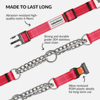 Stainless steel O rings and training chain hardware attached to pink martingale dog collar