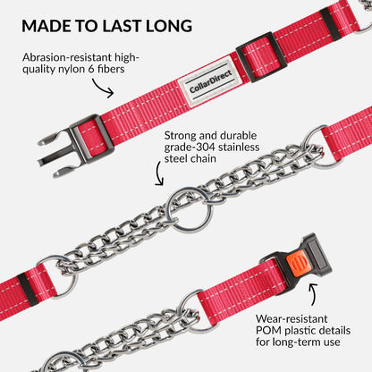 Stainless steel O rings and training chain hardware attached to pink martingale dog collar