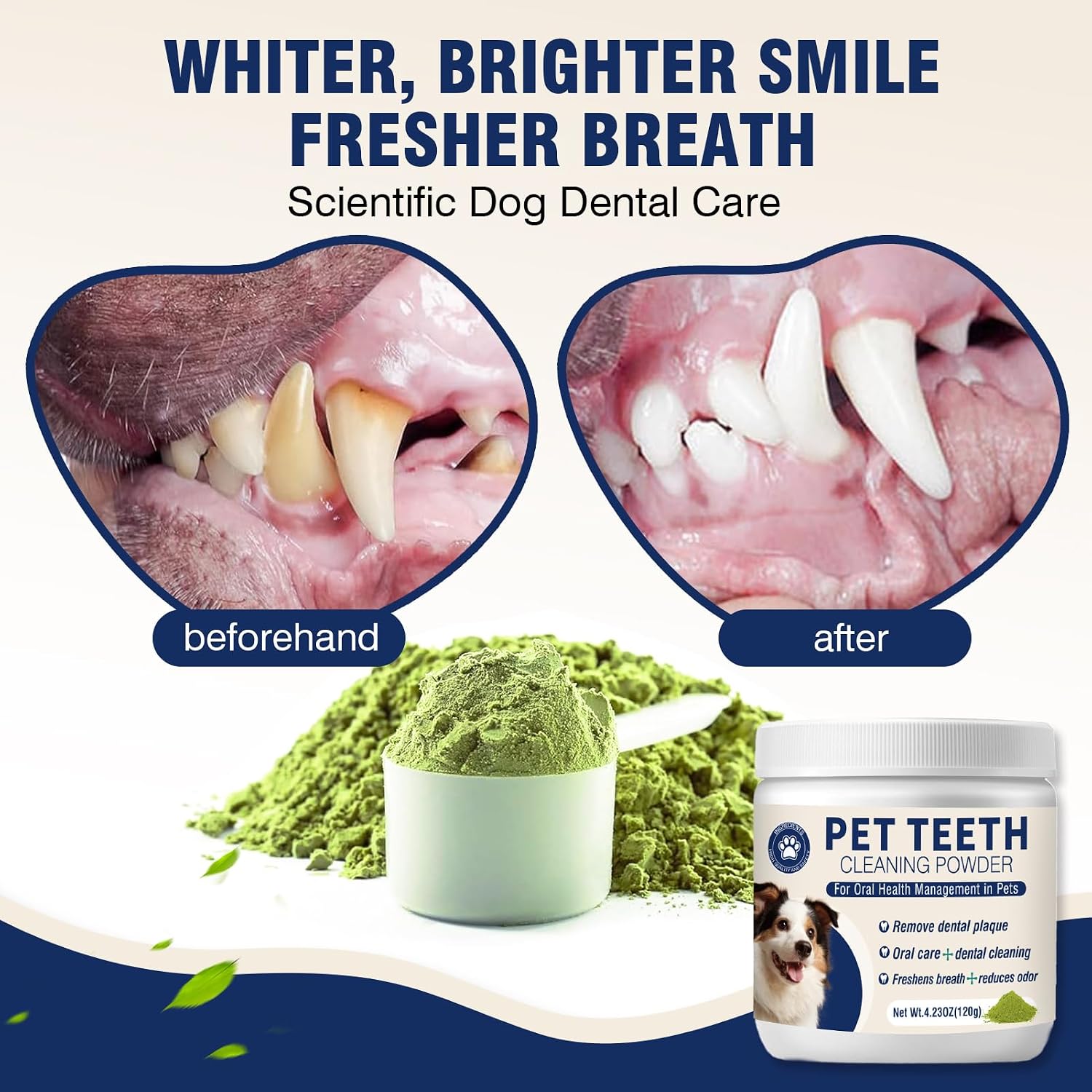 Pet dental supplement powder being sprinkled onto kibble for bad breath treatment