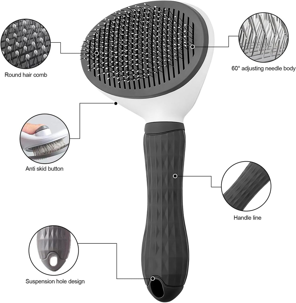 Pet owner using one-click hair removal button on slicker brush