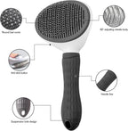 Pet owner using one-click hair removal button on slicker brush