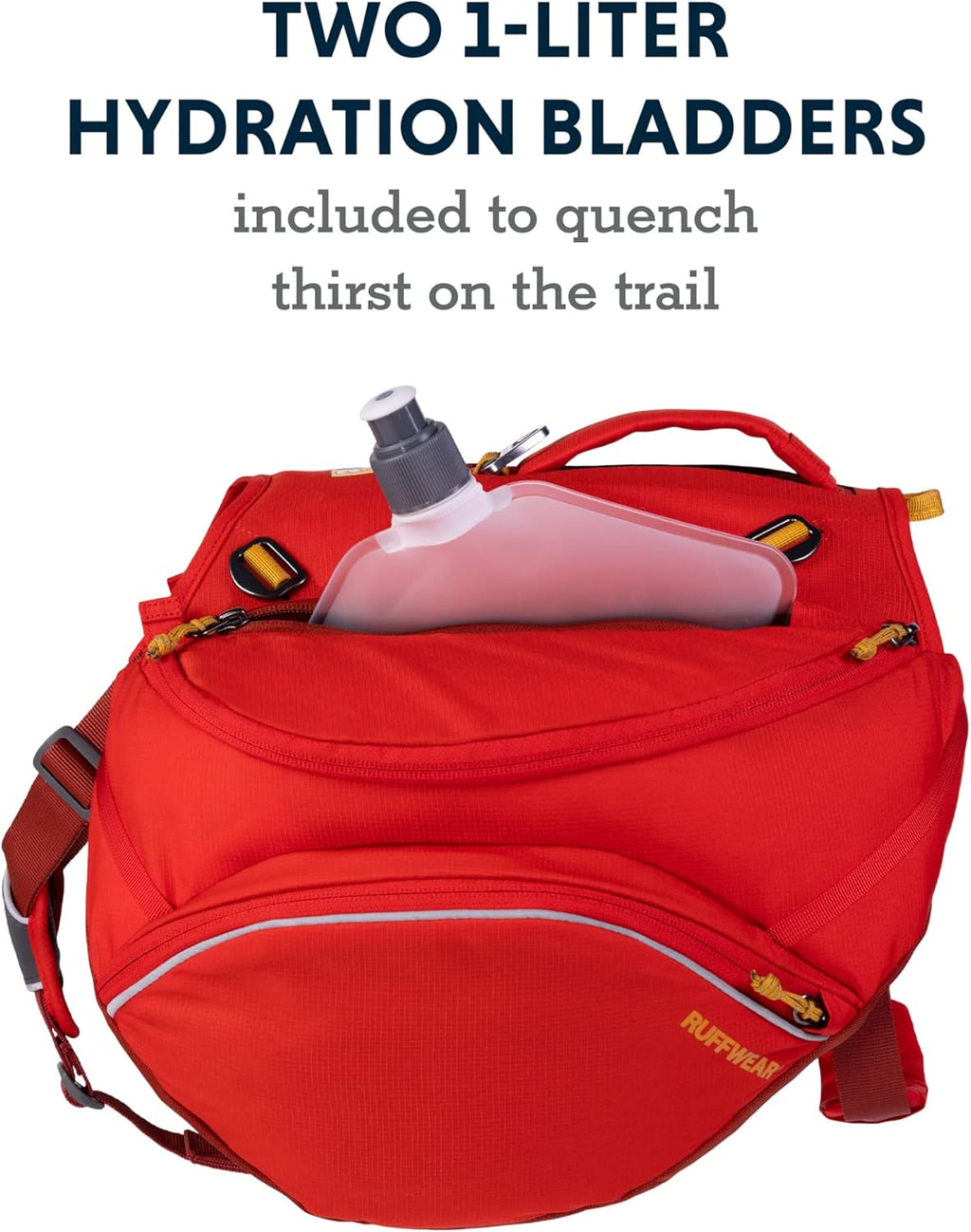 Side view of a large dog wearing the Red Sumac Ruffwear Palisades pack showing stable load distribution.