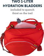 Side view of a large dog wearing the Red Sumac Ruffwear Palisades pack showing stable load distribution.