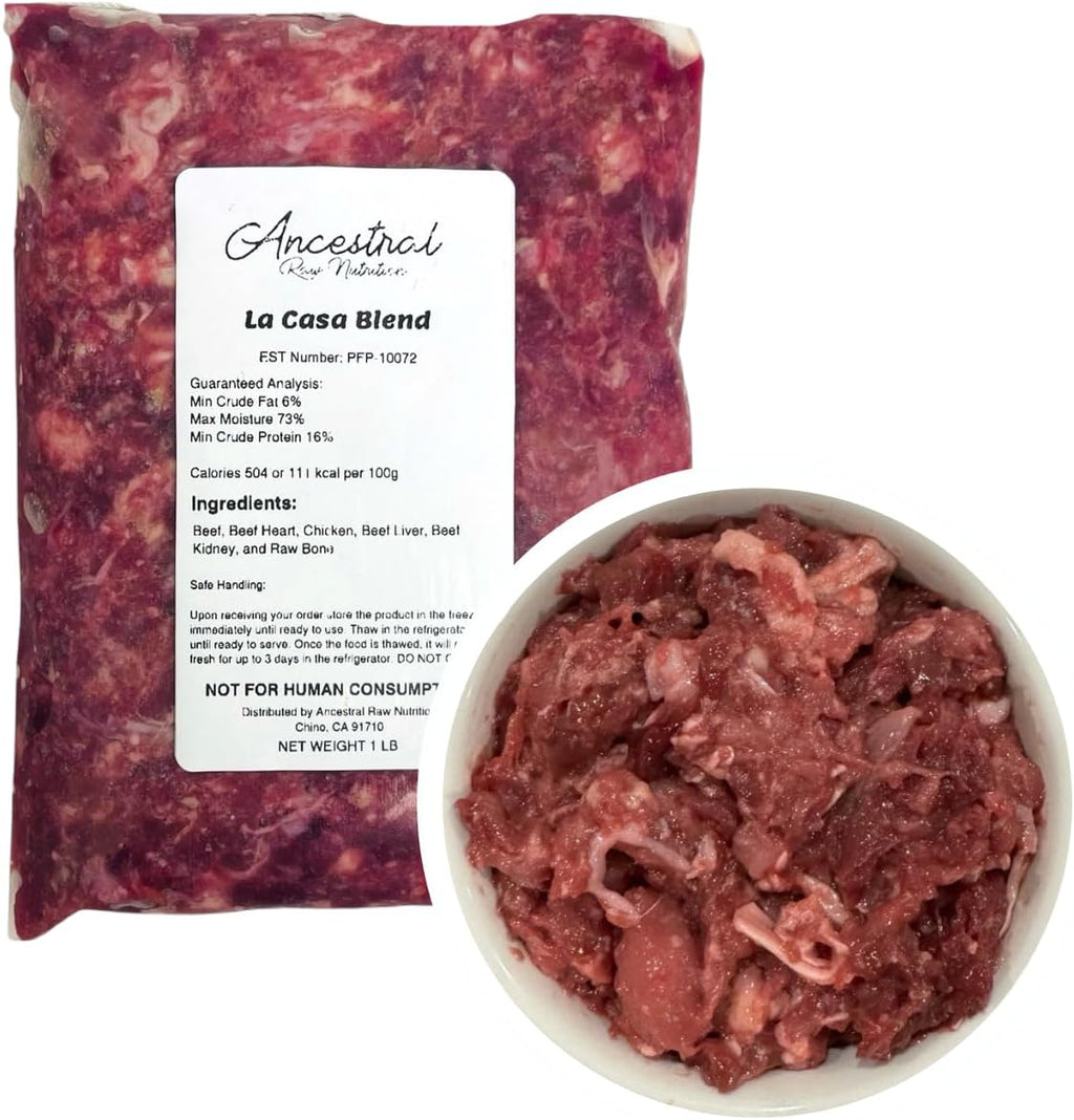 Ancestral Raw Nutrition La Casa beef and chicken raw pet food packs front view