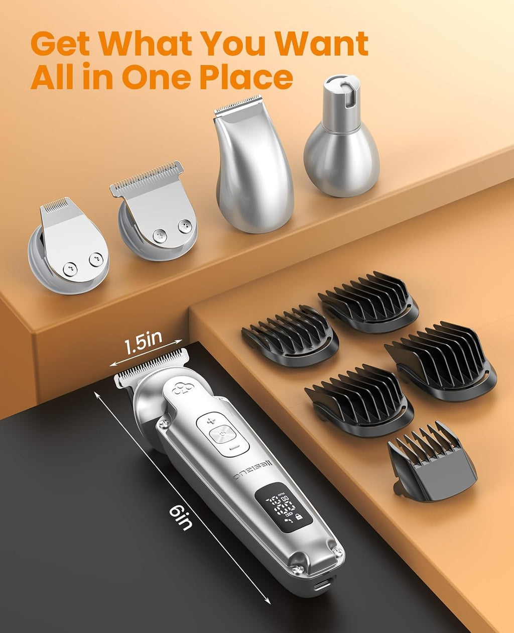Oneisall cordless pet grooming kit contents laid out on a table