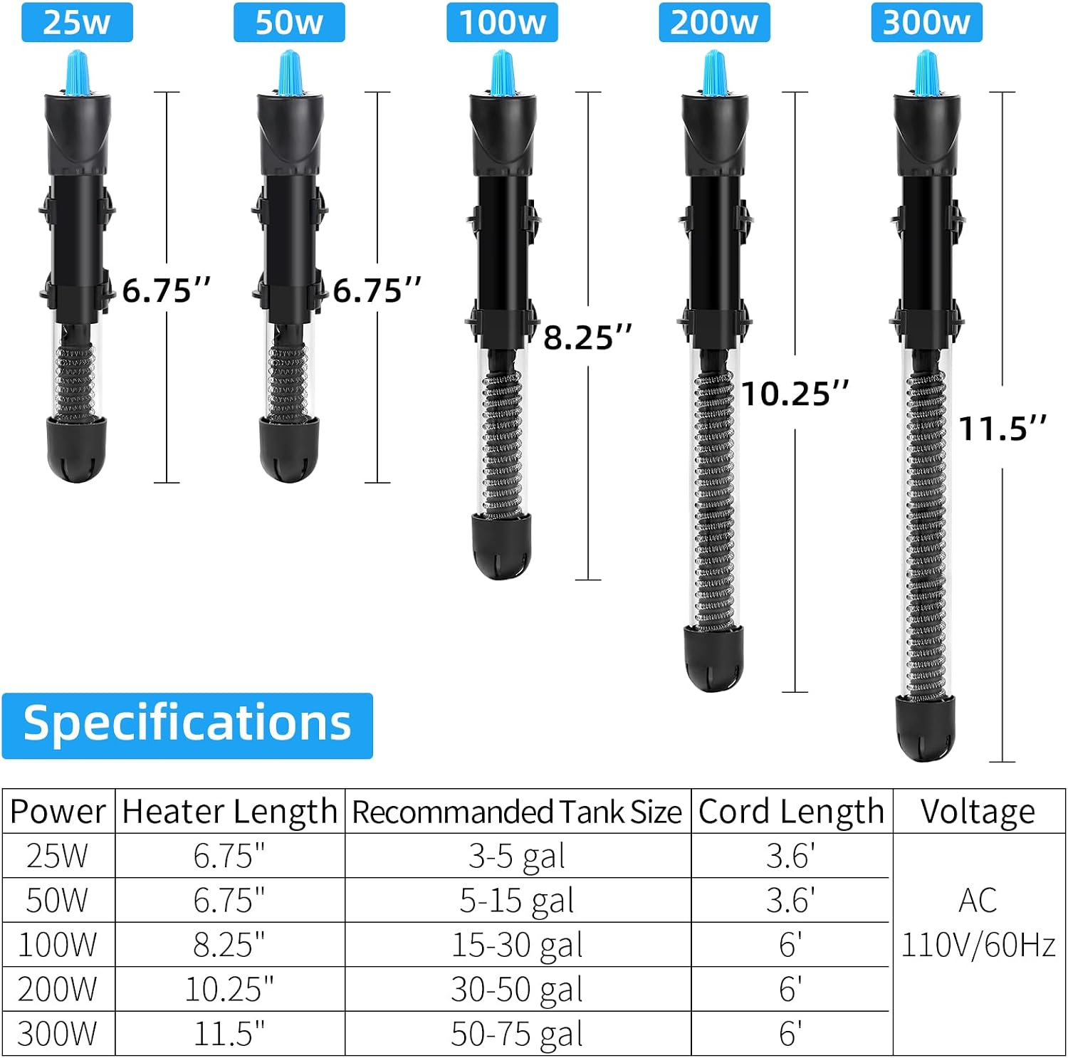 Aquaneat 50W submersible heater with suction cups and accessories