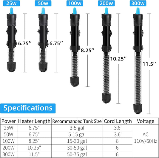 Aquaneat 50W submersible heater with suction cups and accessories