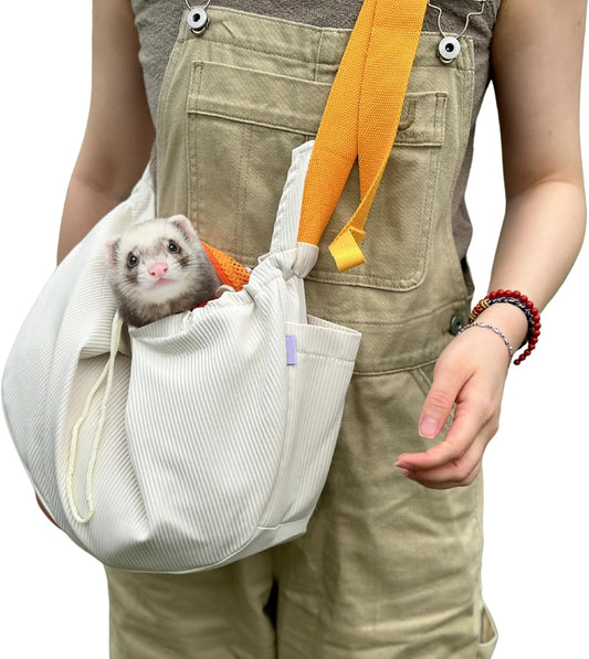 Ferret Sling Carrier - Pet Carrying Bag with Adjustable Strap Hands Free Shoulder Bag Crossbody Travel Slings Soft Small Animal Bonding Pouch Front Backpack for Ferret Rabbit Puppy Kitten (Beige) - Image 1