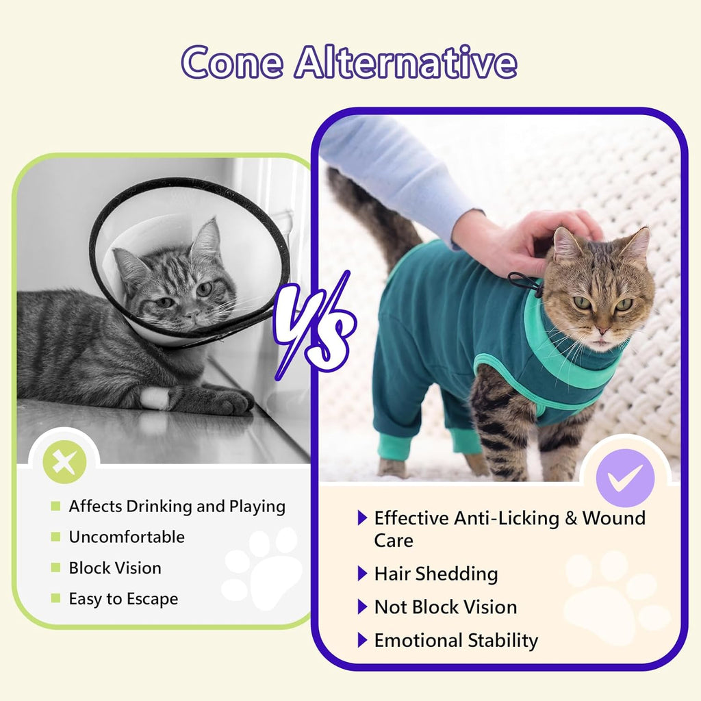 Adjustable neck drawstring detail on cat recovery suit
