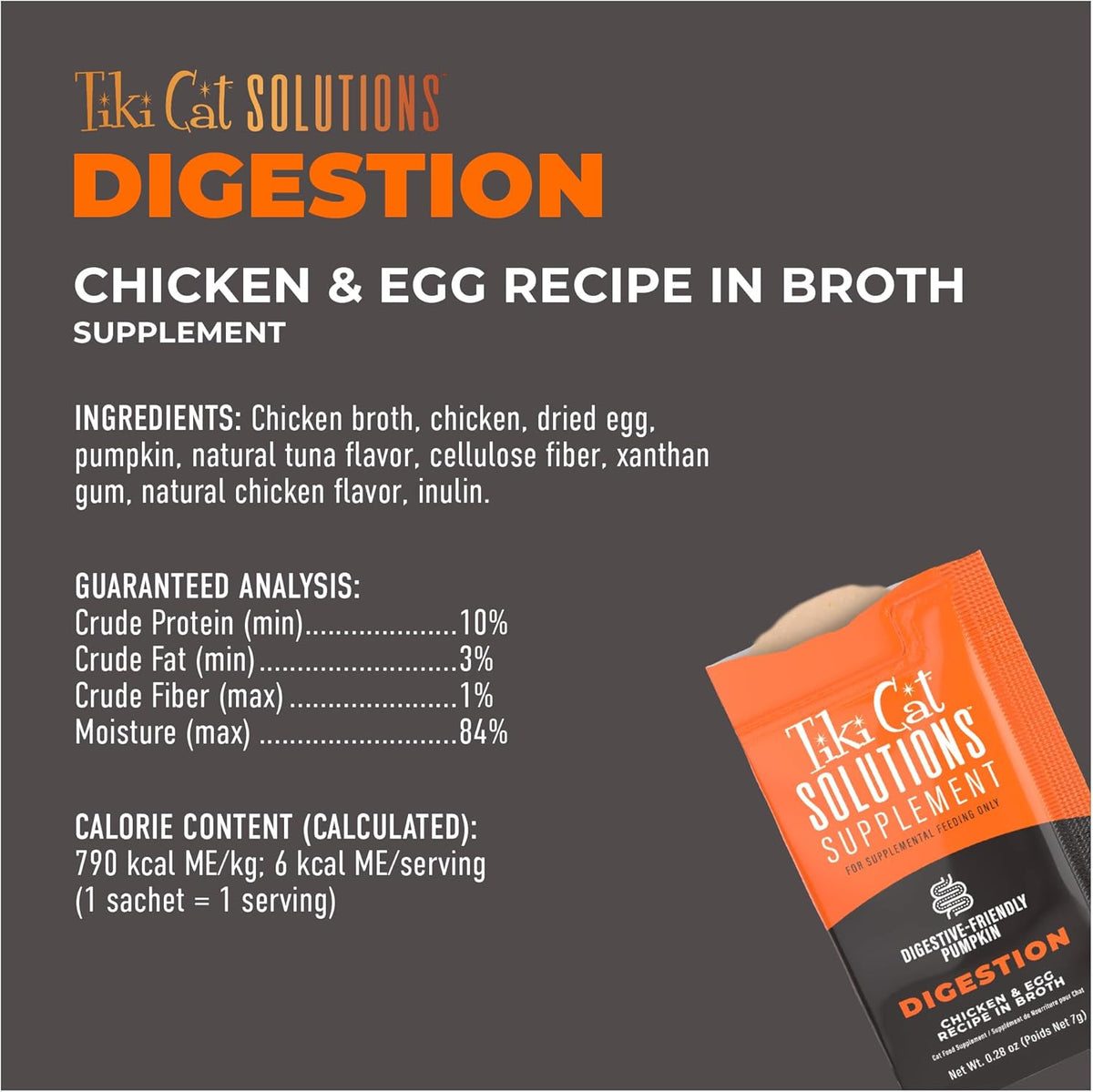 Close-up of the nutritional facts and grain-free ingredients on a Tiki Cat pouch.