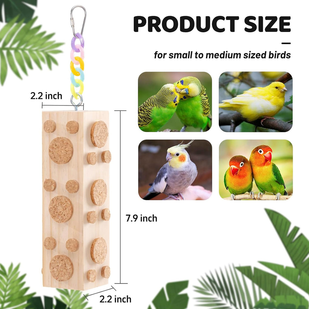 Jons Nty parrot wooden chew toy hanging inside a bird cage setup