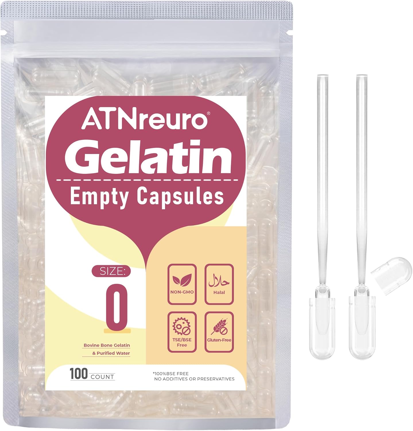 ATNreuro Size 0 empty gelatin capsules front view