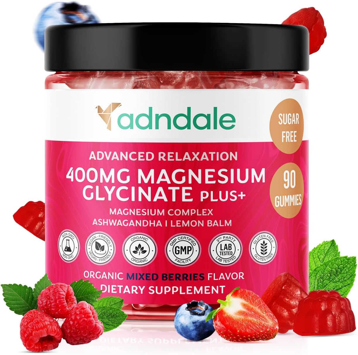 Adndale Magnesium Glycinate 400mg sugar free 90 gummies front view showcasing packaging for sleep and stress relief