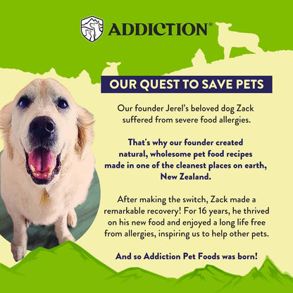 Addiction pet food package back showing premium holistic ingredients list