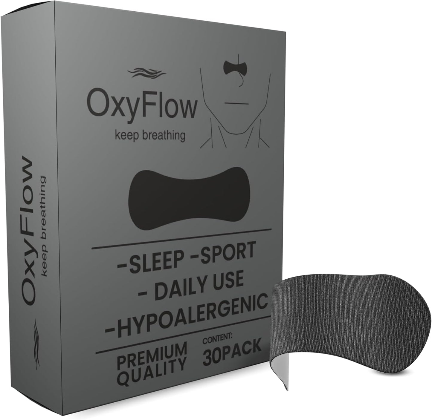 OxyFlow Nasal Strips front packaging showing 30 count black strips for snoring relief.