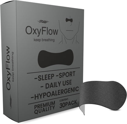 OxyFlow Nasal Strips front packaging showing 30 count black strips for snoring relief.